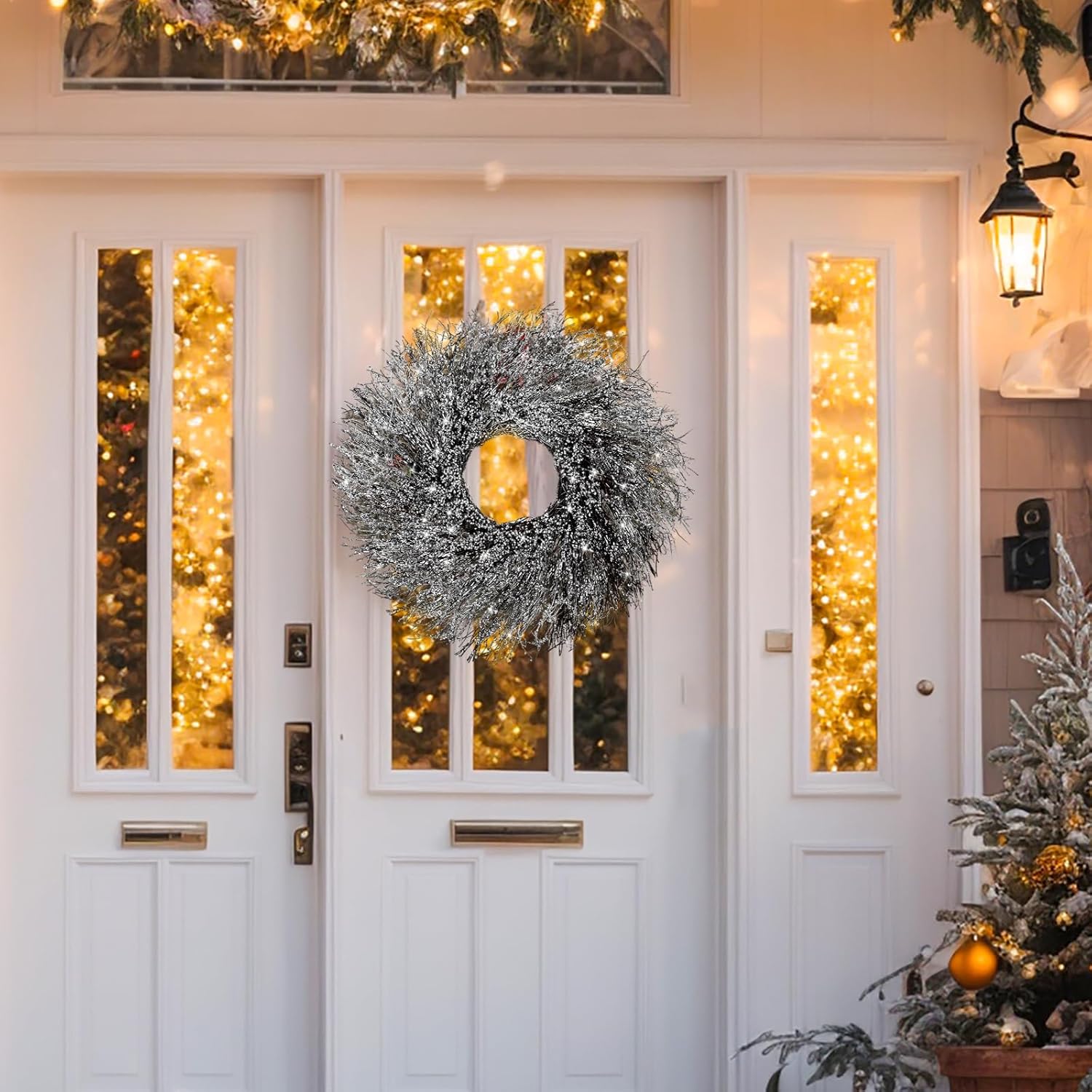 Iced Winter Wreath for Front Door 15.78 Inch Christmas Glitter Shiny Silver Door Decoration Xmas Artificial Rhinestone Wreath for Window Wall Fireplace Indoor Outdoor Decor